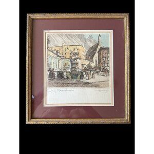 Signed Herta Czoernig Salzburg Pferdeschwemme Horse Fountain Art AUSTRIA